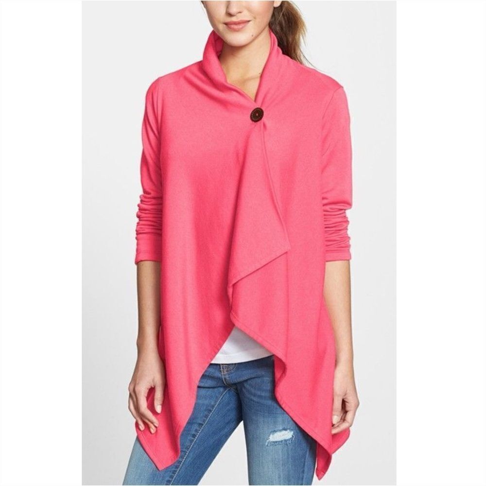 Nordstrom Bobeau One Button Fleece Wrap Draped Cardigan Rose Coral Red Size XS